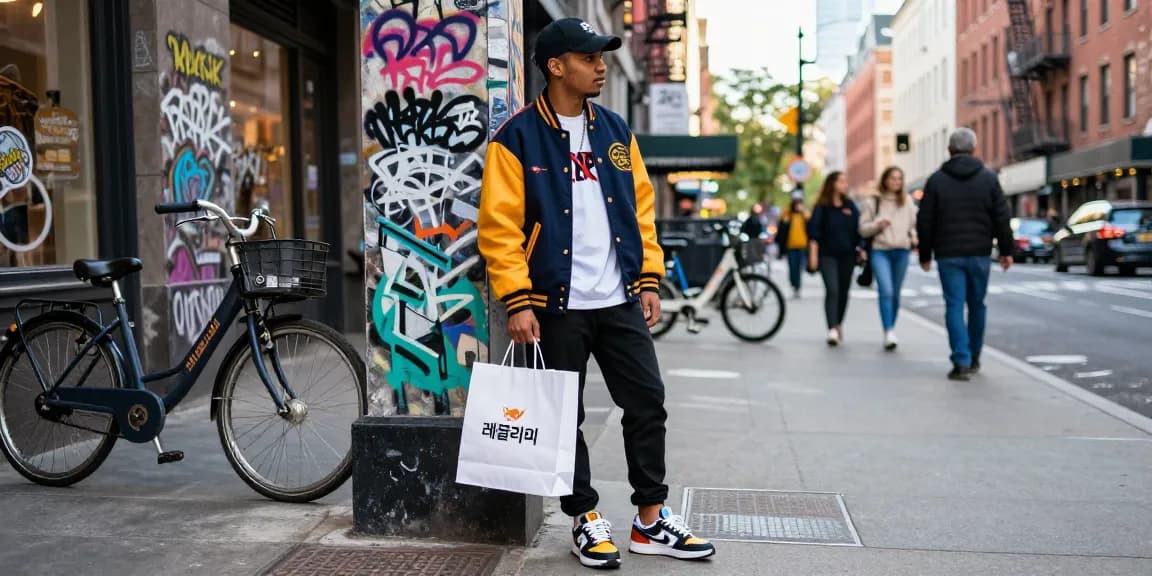Stylish individual showcasing trendy 레플리카 streetwear against a graffiti wall in an urban setting.