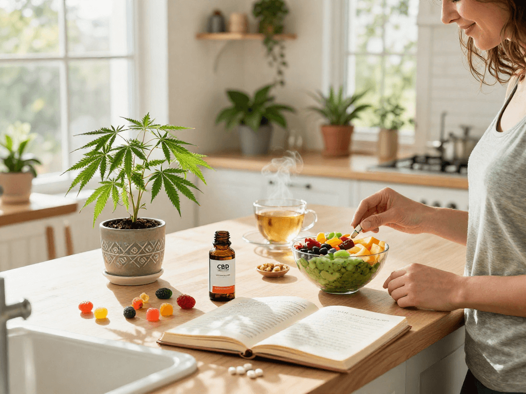 Explore edibles uk with organic CBD gummies, hemp extract, and wellness products in a sunny kitchen.