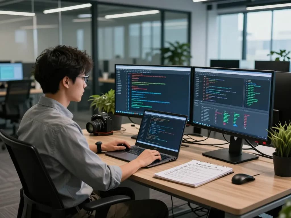 Analyzing cybersecurity threats on https://shs-dome5.com/ with multiple monitors showing analytics and strategies in a modern office.