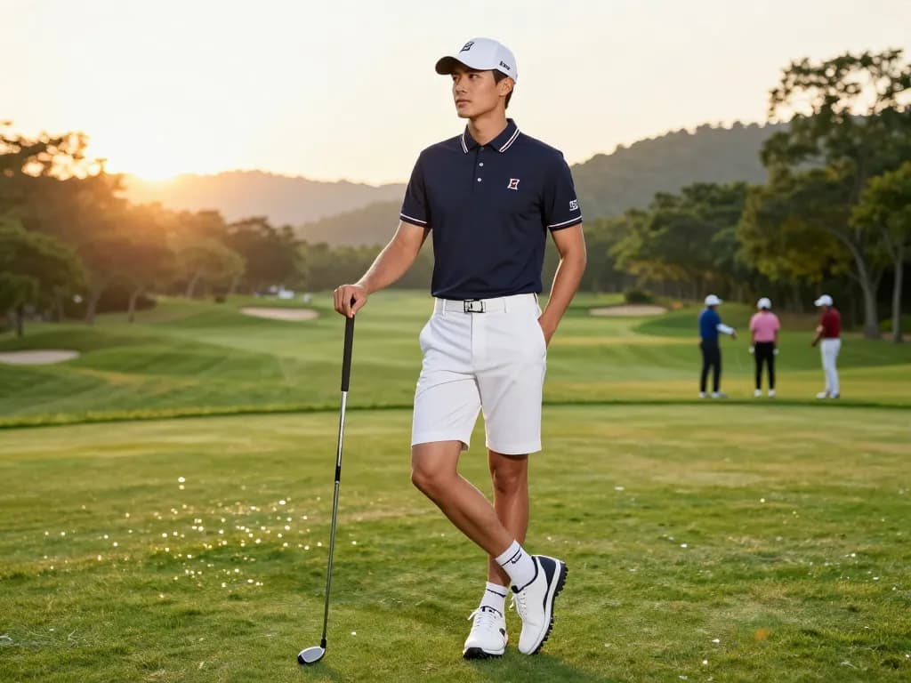 Stylish golf wear replica showcased on a beautiful course, highlighting unique design elements and vibrant evening light.