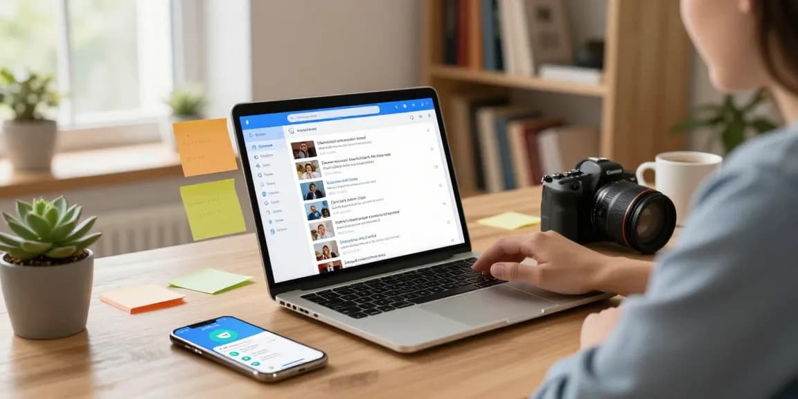 Engaging with Telegram Download on a laptop in a modern home office with vibrant chat screens and cozy decor.
