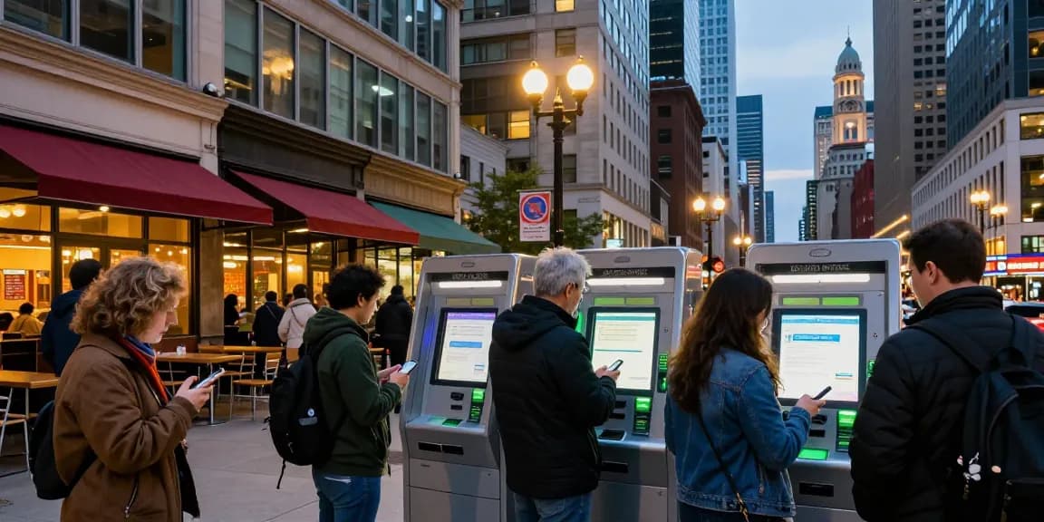 Engaged residents using 시카고페이 at a busy payment kiosk in Chicago's vibrant urban setting.