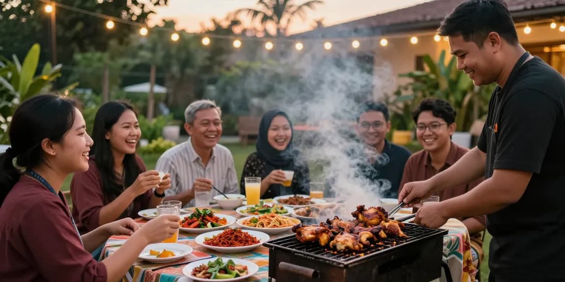 rokok88 slot login delights in a festive Ayam Bakar & Panggang barbecue gathering outdoors, showcasing spices and fresh ingredients.