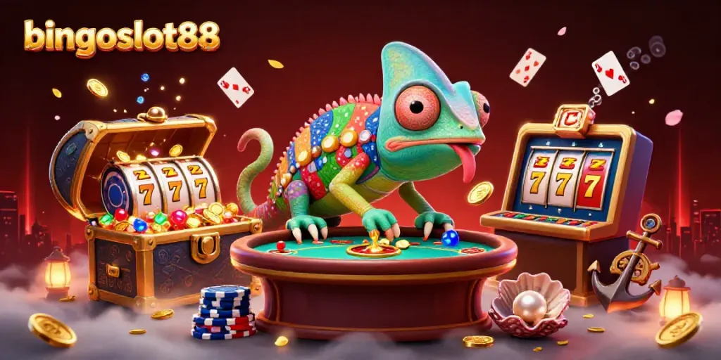 Visualisasi bingoslot88 yang menampilkan pemilik kasino chameleon besar dikelilingi oleh elemen permainan slot yang menarik.