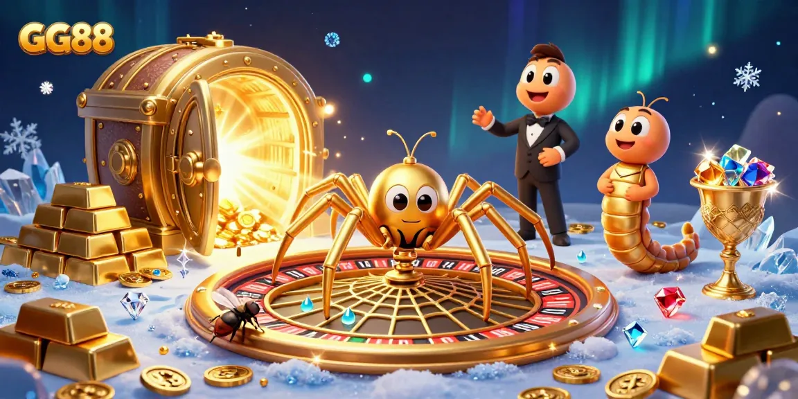 Experience the excitement of GG88 with a vibrant casino scene featuring a spider and centipede in action.