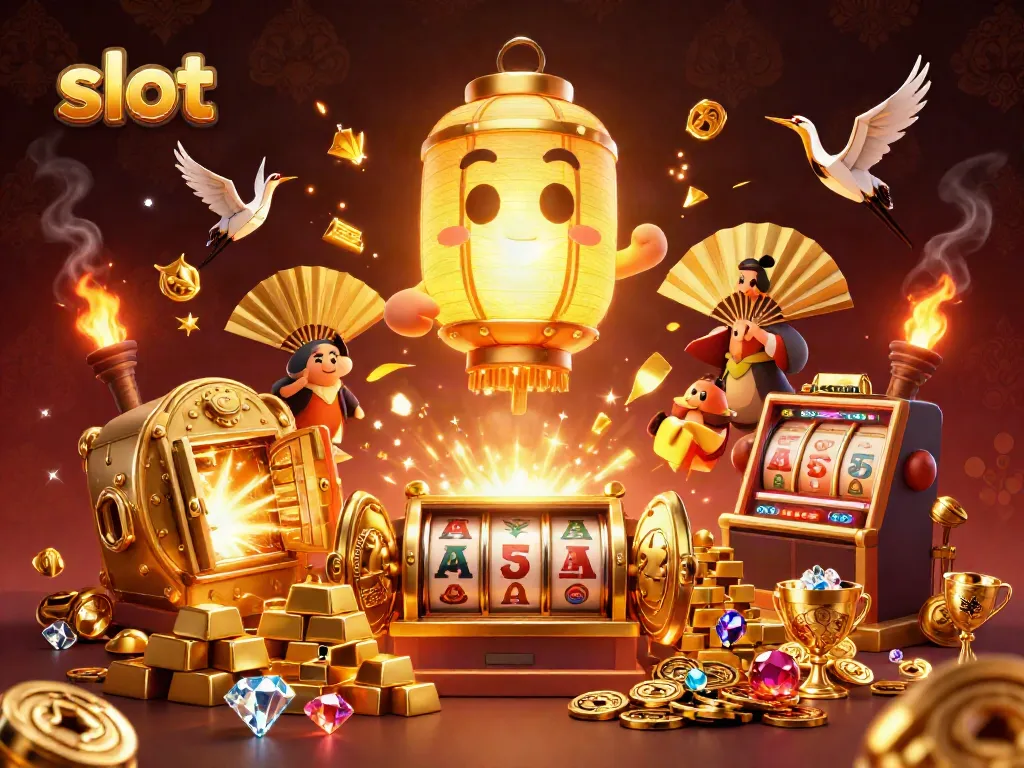 Slot yang menarik dalam ilustrasi 3D digital, menampilkan suasana kasino yang kaya dan penuh simbol keberuntungan.