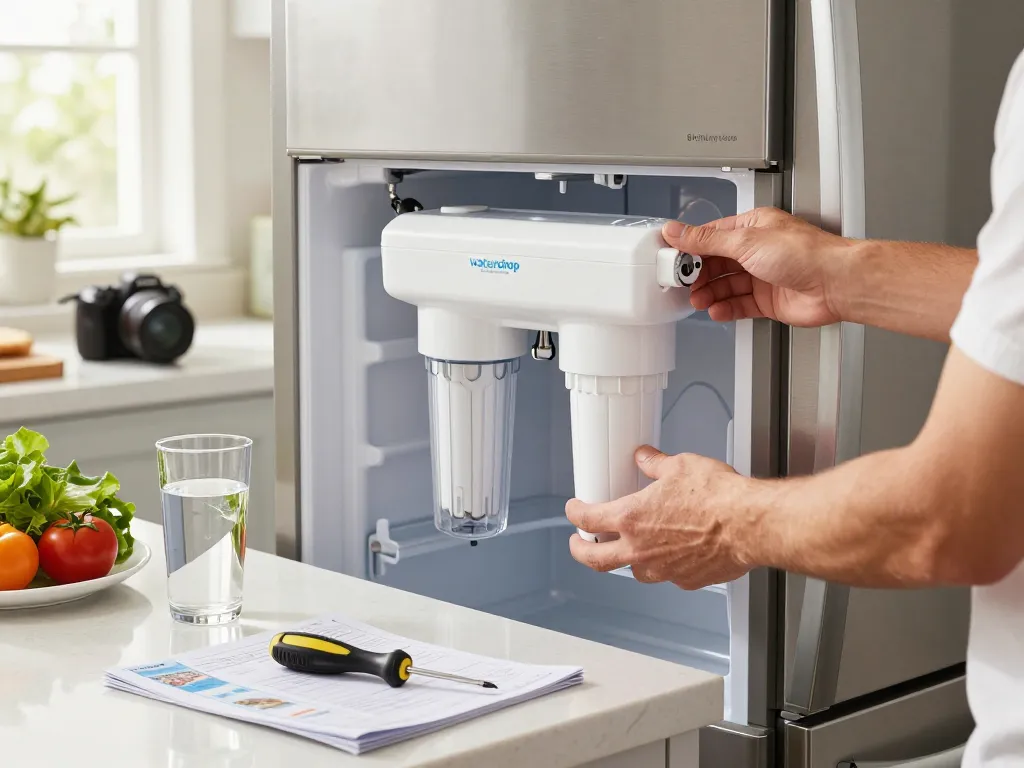 Hands replacing Waterdrop 4396508 Replacement for Whirlpool® 4396510 water filter in a bright kitchen.