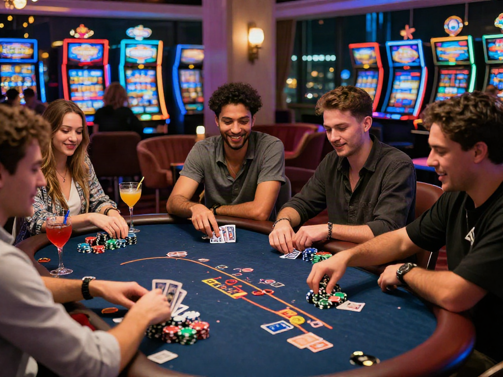 Friends playing cards at casino table featuring rokok88, vibrant atmosphere with neon lights.