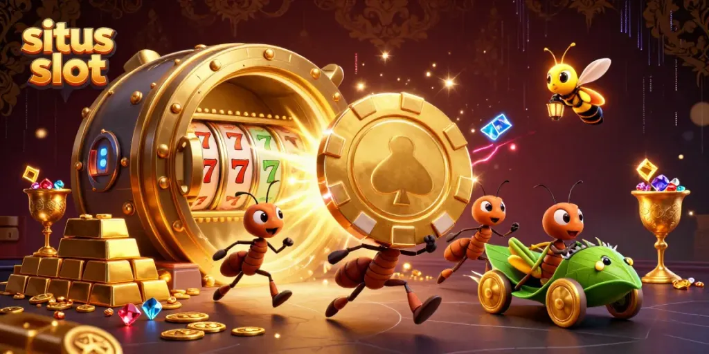 Ilustrasi situs slot dengan semut yang mencuri chip poker emas raksasa dan elemen kasino lainnya.
