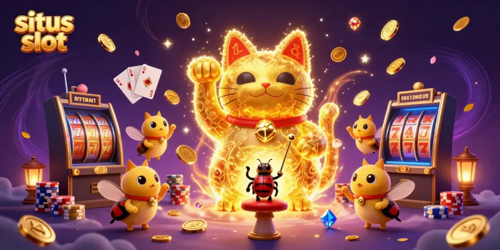 Menggali keseruan situs slot dengan kucing keberuntungan dan koin emas yang meluncur.
