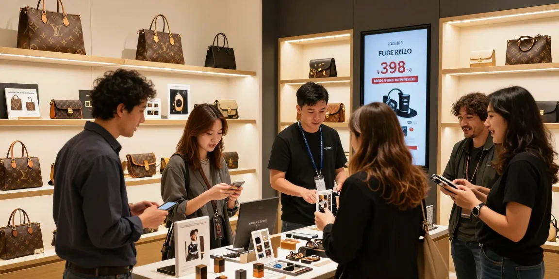 Shoppers engaging with high-quality 레플리카 products in a vibrant retail environment.