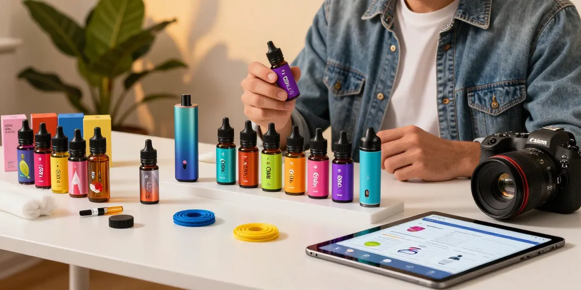 Engaging scene of a person exploring THC vape PackMan e-liquids with stylish accessories in a colorful ambiance.