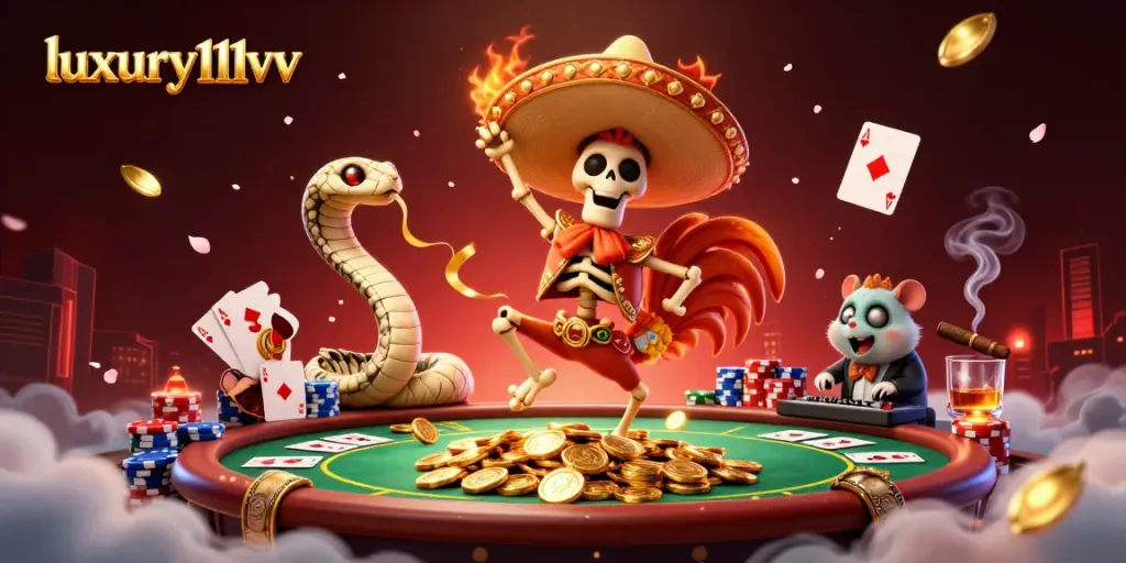 luxury111vv menampilkan karakter skeleton mariachi dan elemen kasino lainnya dalam ilustrasi penuh warna.