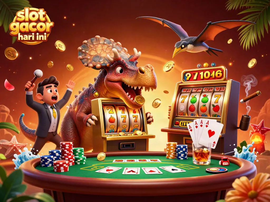 Catch golden coins and jackpots in this vibrant slot gacor hari ini scene with dynamic prehistoric characters.
