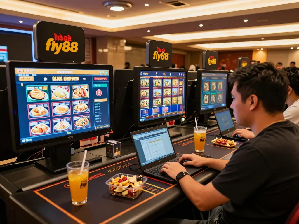 Engaged player enjoying online slots at nhà cái fly88 with inviting gaming setup and ambient lighting.