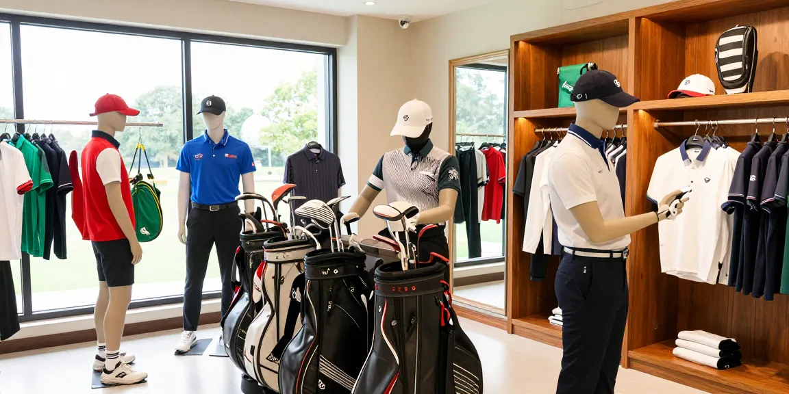Engaging display of stylish 골프웨어 레플리카 outfits in a high-end golf apparel store, showcasing premium quality and vibrant colors.
