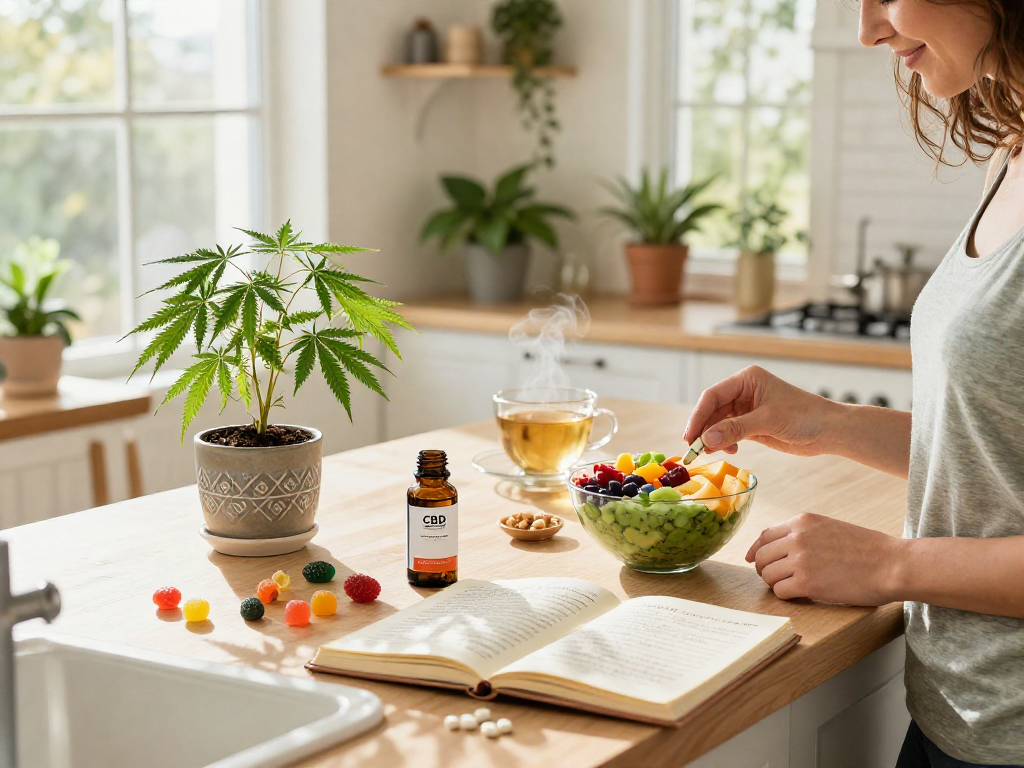 Explore edibles uk with organic CBD gummies, hemp extract, and wellness products in a sunny kitchen.