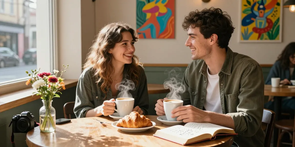 Young couple at café sharing a moment while they crush on each other, enjoying coffee and pastries.