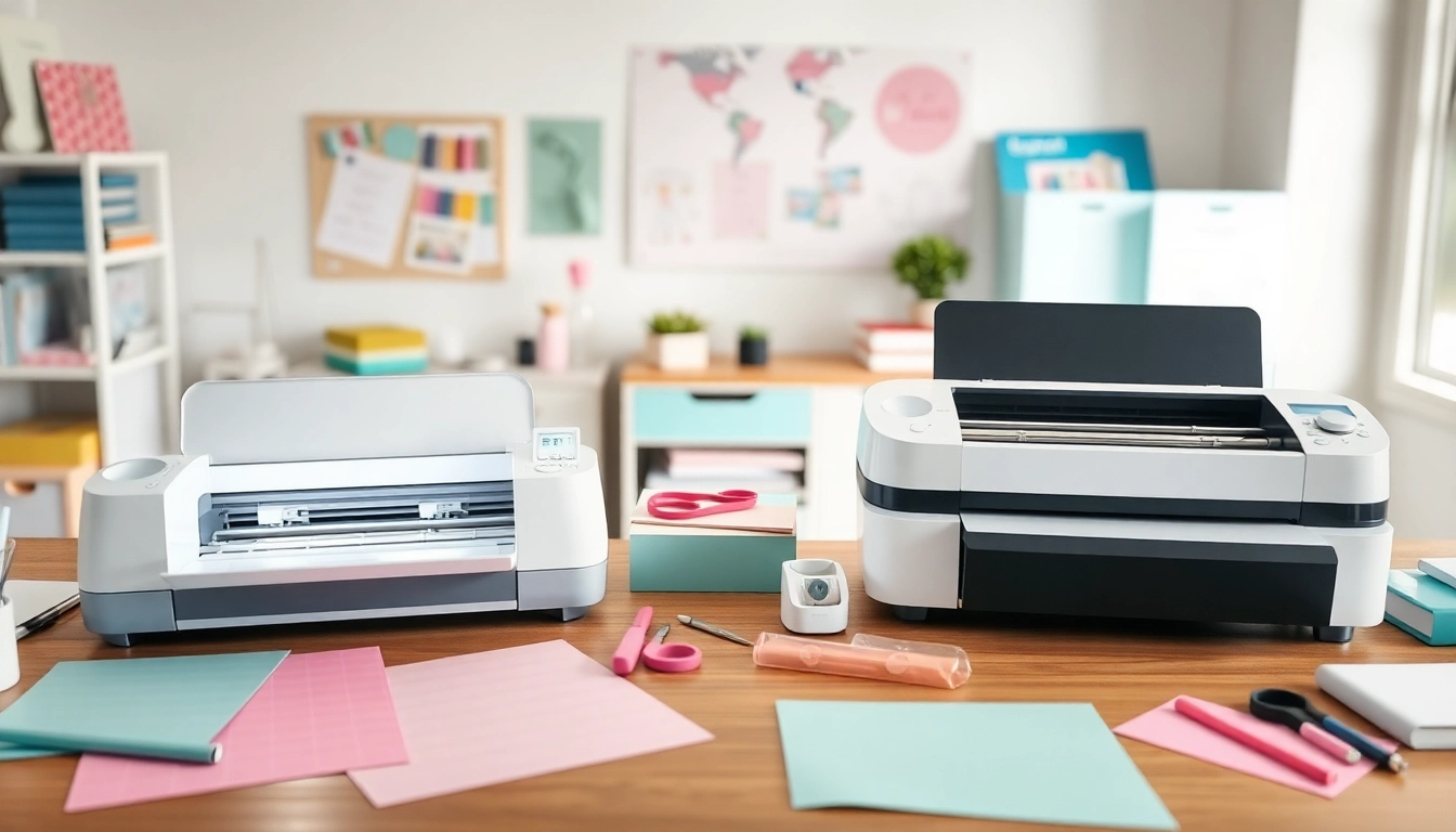 Side-by-side comparison of silhouette vs cricut machines in a bright craft room, showcasing vibrant materials and tools.