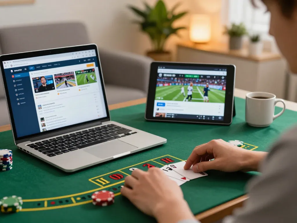 Bet on blackjack with BJ88 in a cozy home gaming setup featuring laptop and tablet.