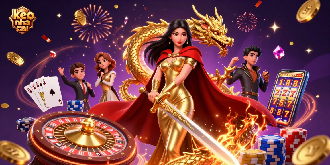 Bet big with keo nha cai as a stunning warrior queen wields her golden sword amidst flying coins and cards.