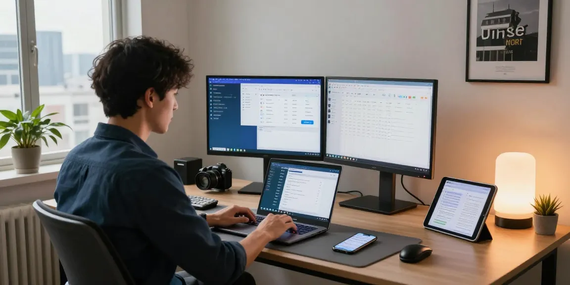 Download WPS Office on a laptop in a modern home office setup with vibrant dual monitors and cozy atmosphere.