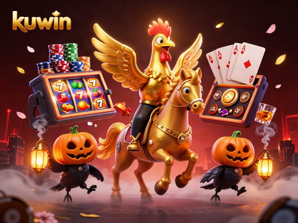 Kuwin's exciting casino experience with a golden rooster and friends amid poker elements and slot reels.