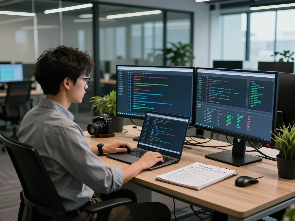 Analyzing cybersecurity threats on https://shs-dome5.com/ with multiple monitors showing analytics and strategies in a modern office.