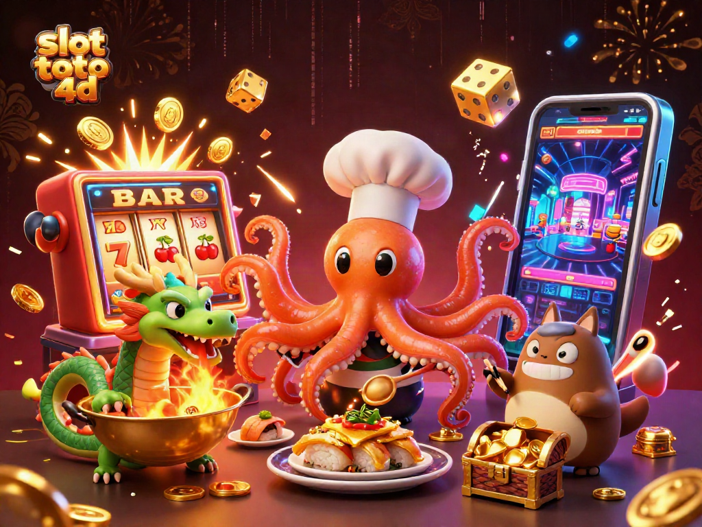 Engage in slot toto 4d excitement as a sushi chef octopus cooks under a fiery dragon in this dynamic casino scene.