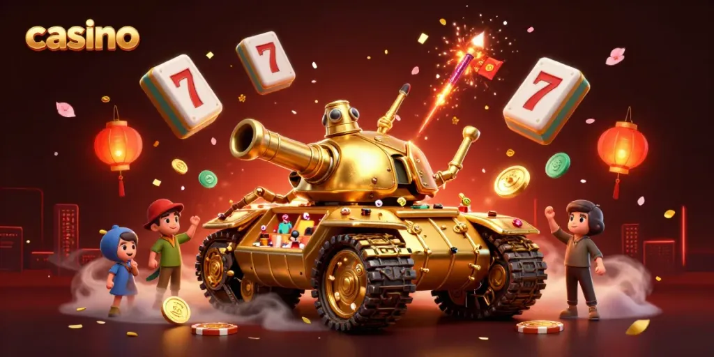 Experience an energetic casino atmosphere with a miniature tank casino, floating mahjong tiles, and vibrant fireworks.