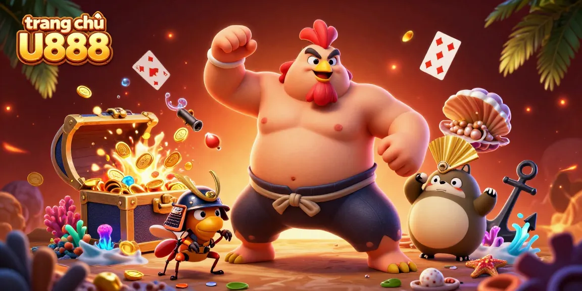 Experience the vibrant world of trang chủ U888 with a dynamic 3D casino scene featuring sumo wrestlers and treasures.
