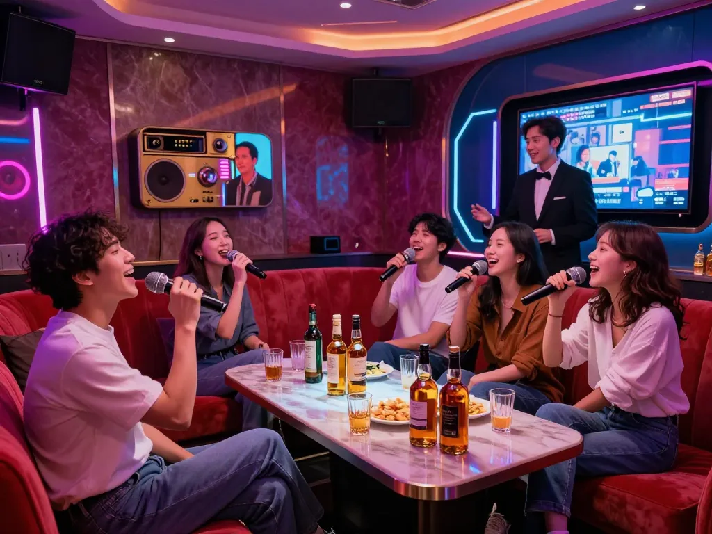 Enjoying a lively night at 강남 가라오케 with friends, premium drinks, and vibrant atmosphere.