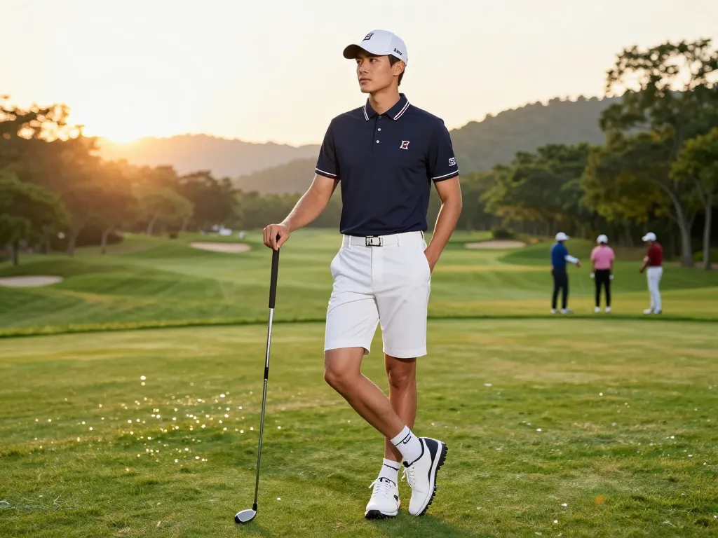 Stylish golf wear replica showcased on a beautiful course, highlighting unique design elements and vibrant evening light.