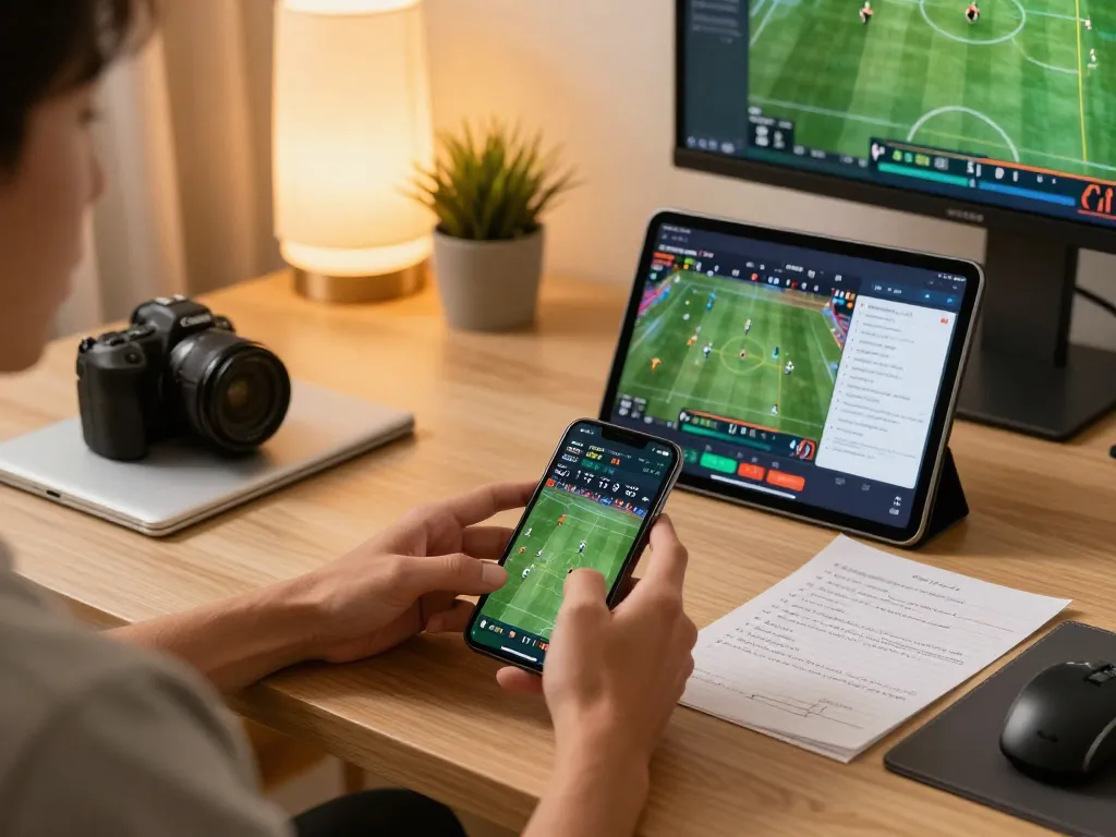 Person engaging in sports betting on smartphone using Link Alternatif in a cozy home setting.