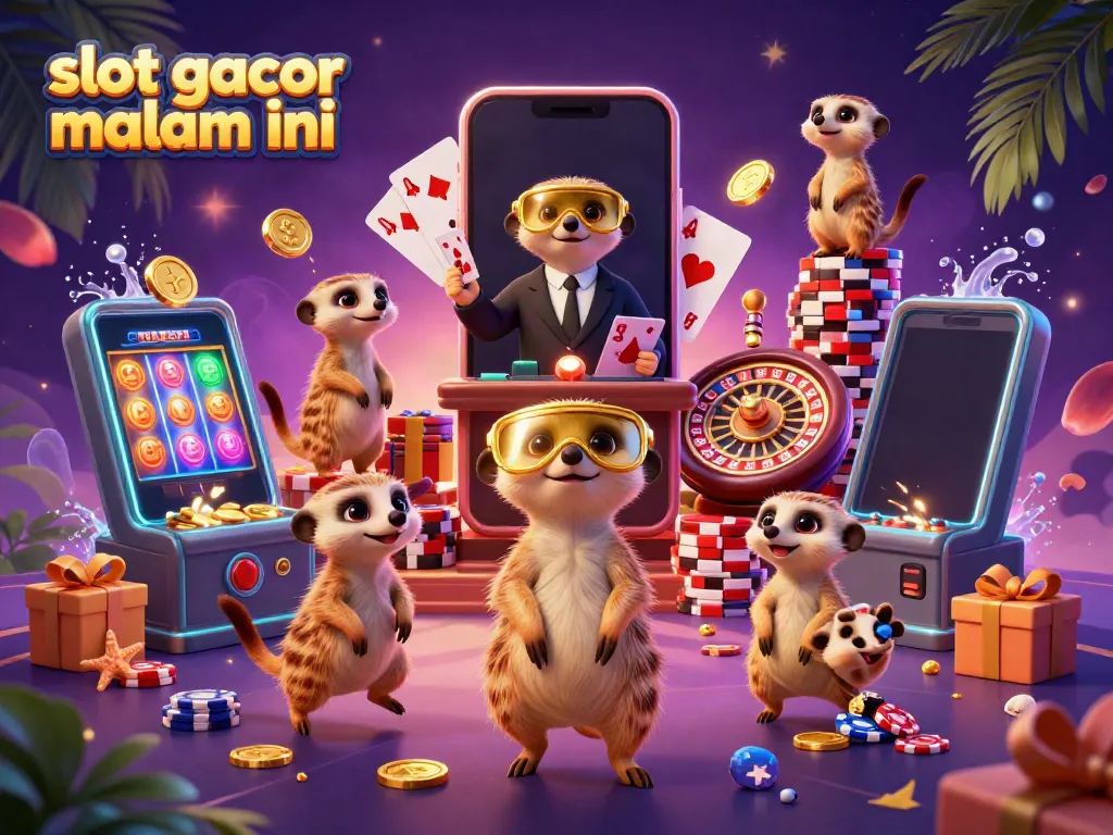 Slot gacor malam ini: ilustrasi kasino dengan meerkat beraksi, menggoda keberuntungan pemain.