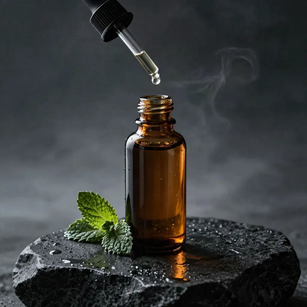 Amber CBD oil bottle with dropper bead on wet basalt and a mint leaf in cool vapor.