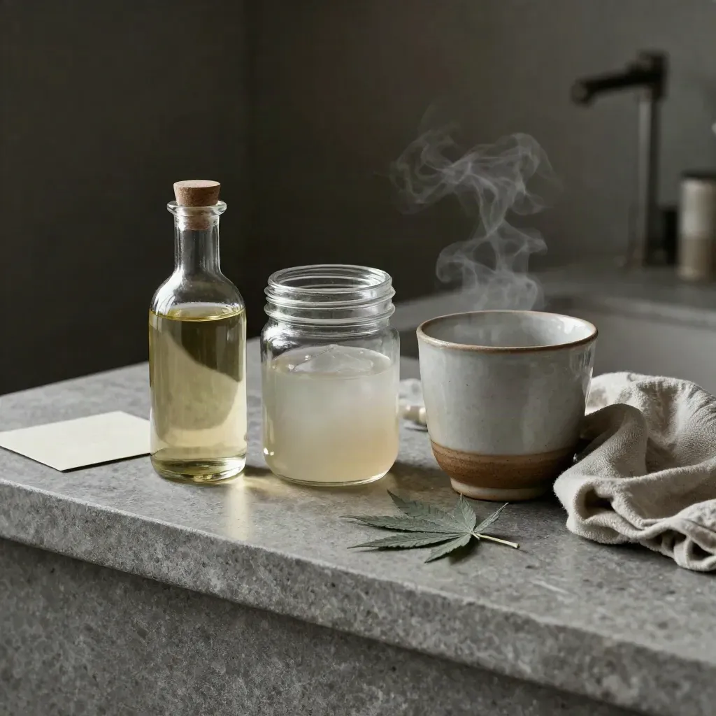 Oil bottle, gummy jar, capsule bottle, cup and linen on a stone counter with steam.