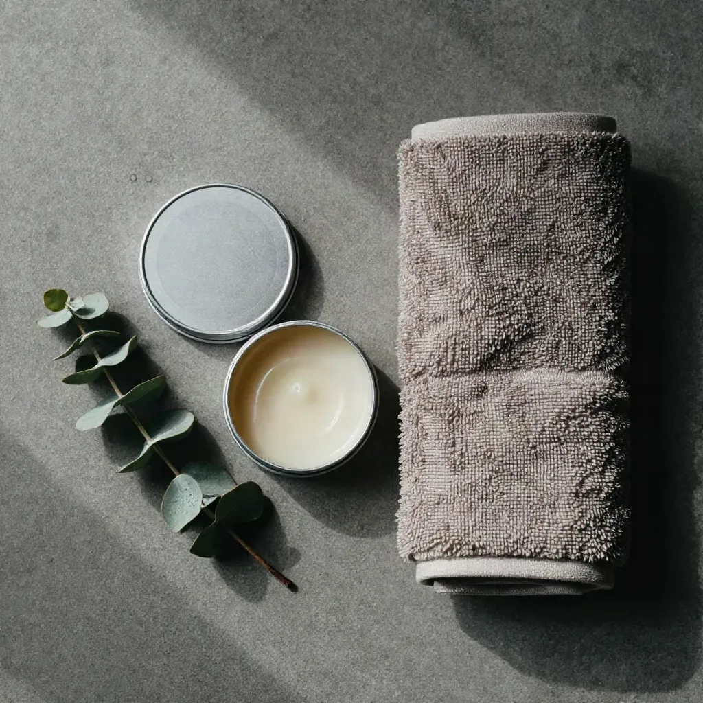 Overhead balm tins, towel and eucalyptus on cool concrete with mist.