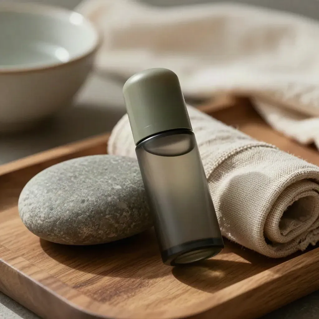 Unbranded CBD recovery roll-on beside a river stone and linen strip on an ash-wood tray