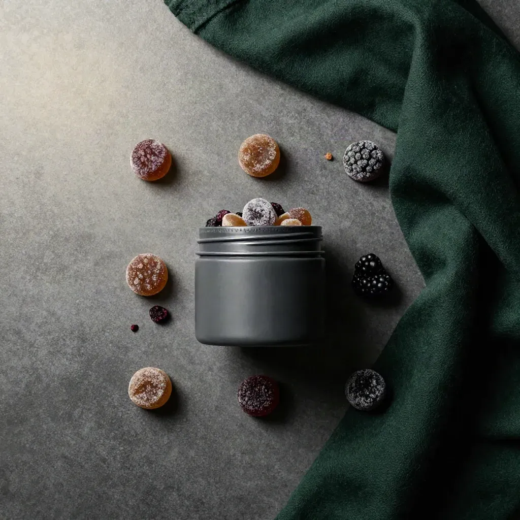 Overhead flatlay of sleep gummies around a jar with berry pieces and a folded wool cloth on dark stone.