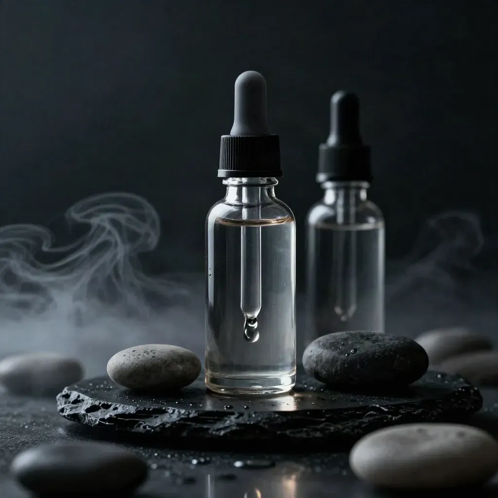 Tall CBD tincture bottle with hanging droplet and stone on a dark studio plinth.