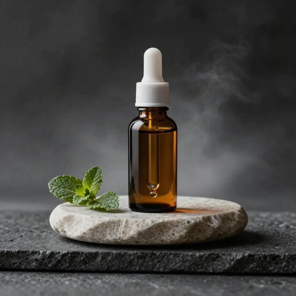 Amber CBD oil bottle, dropper bead, stone dish and mint peel in dark macro light.