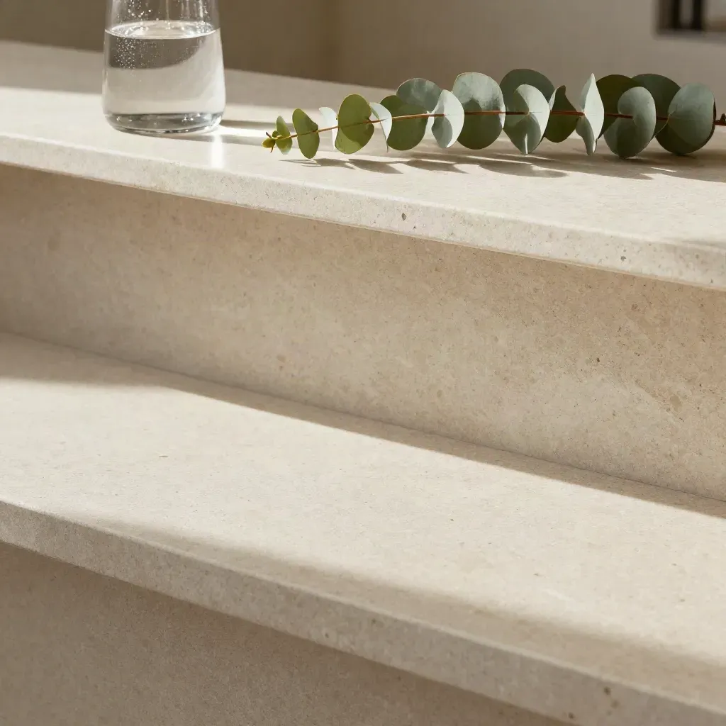 Travertine counter with a glass carafe, eucalyptus stem, and soft stone edge in warm afternoon light.