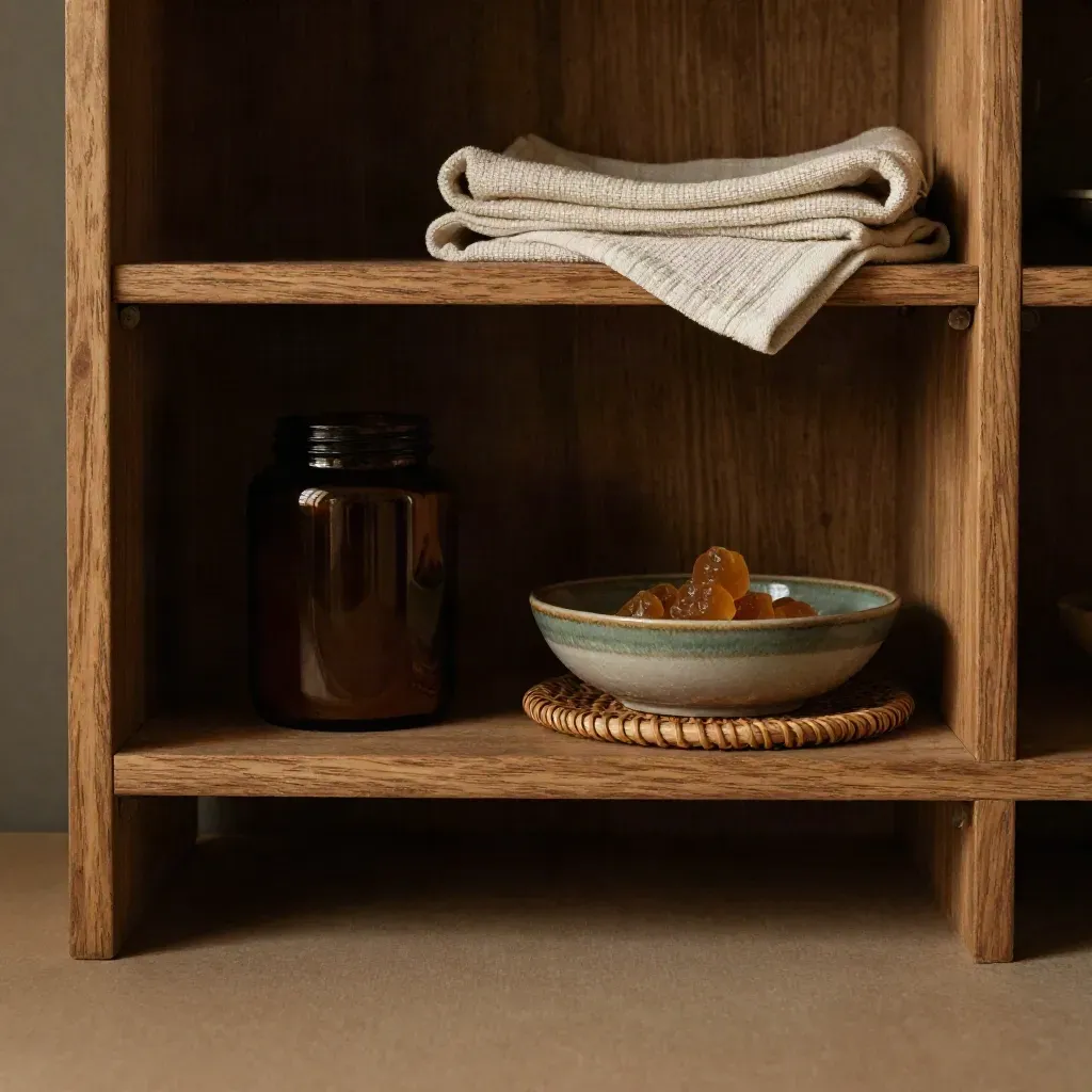 Warm oak shelf with gummy jar, ceramic bowl, woven tray and folded cloth in soft light