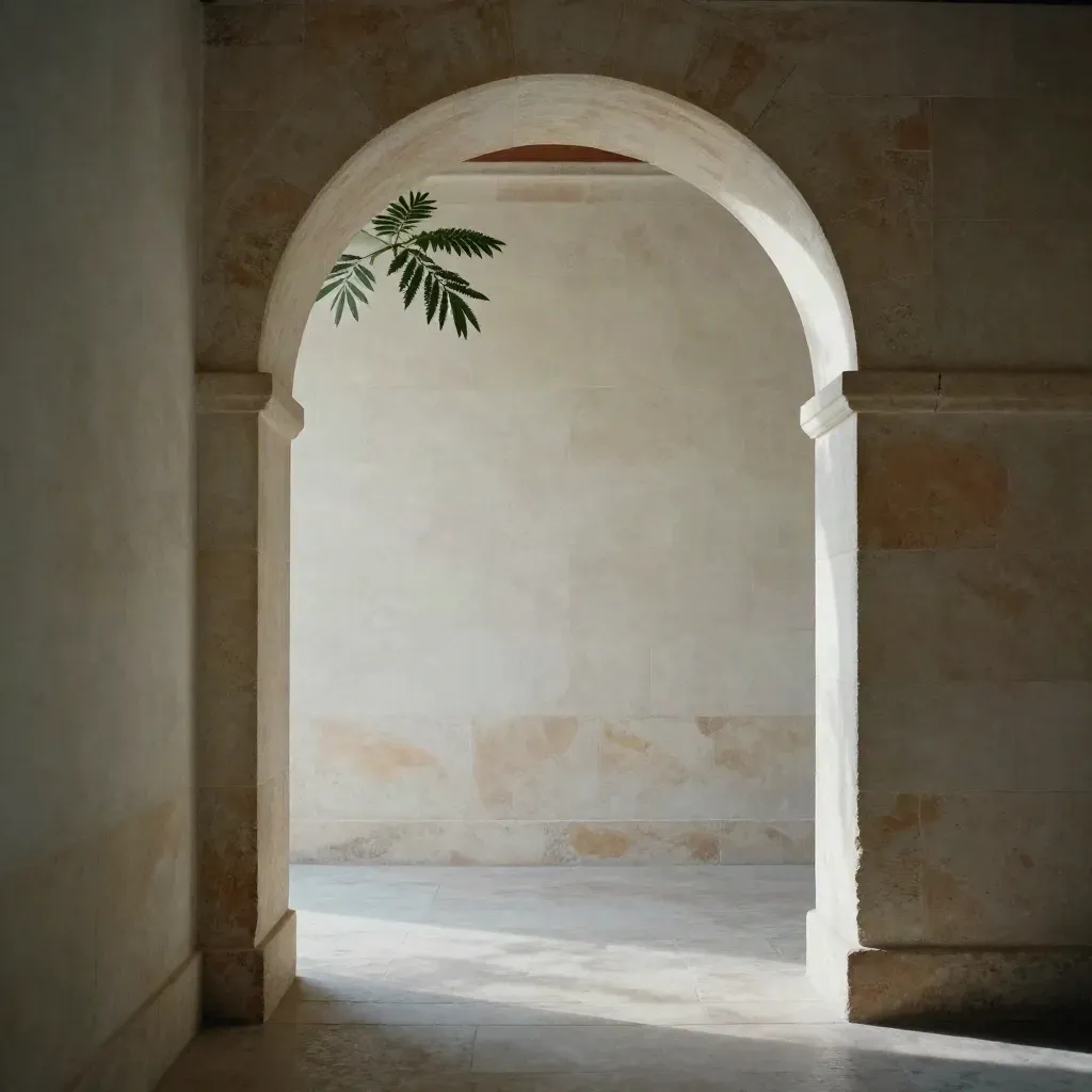 Sunlit limestone arch corridor with a small plant silhouette and calm floor for copy.