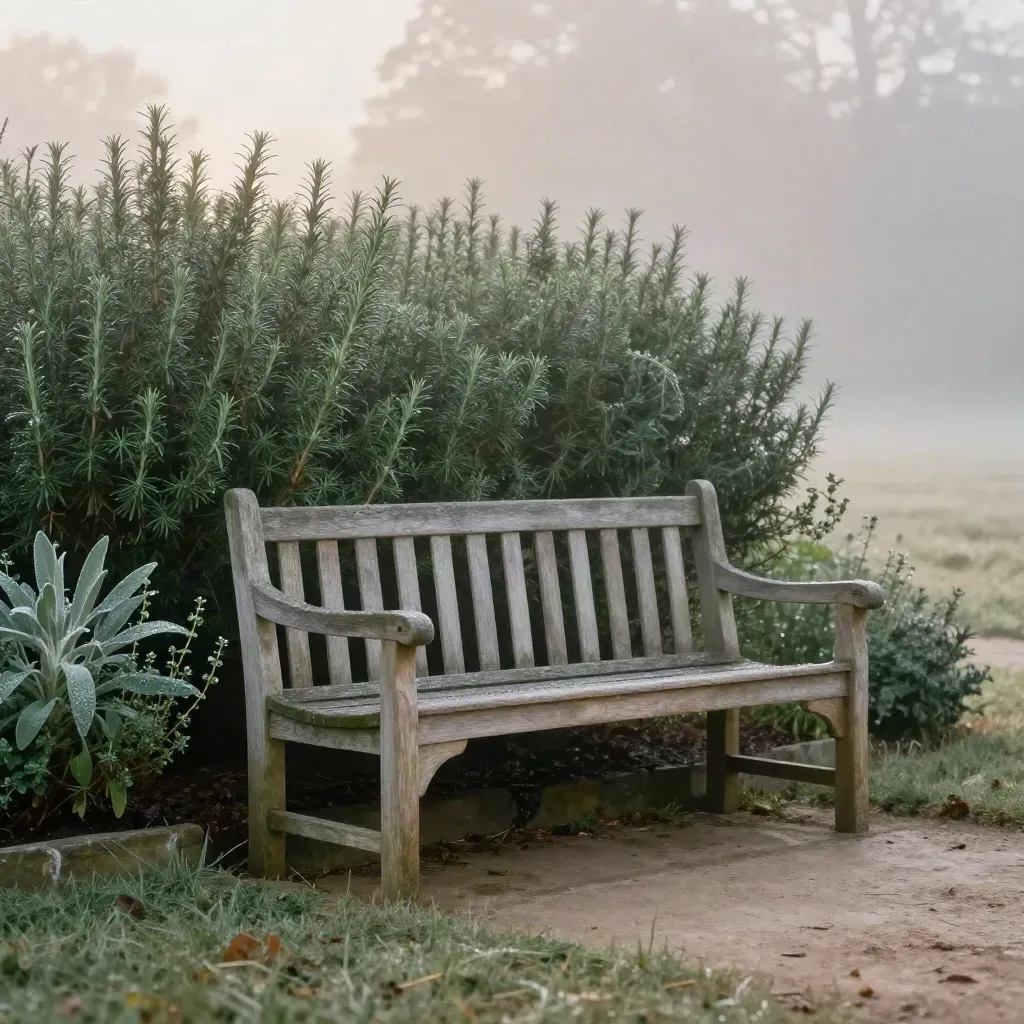 Weathered bench at misty herb garden edge with dew-covered leaves and open calm space below