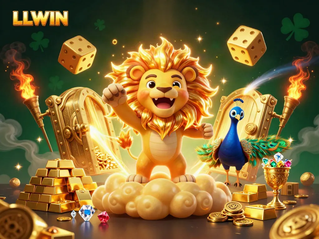 Engage with LLWIN's thrilling games featuring a lion roaring over piles of treasure and golden symbols.