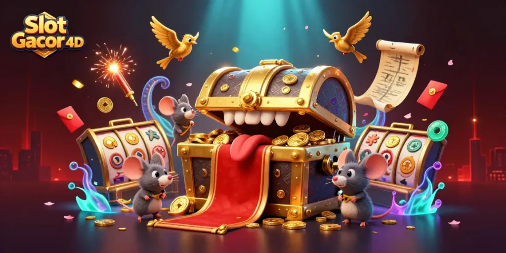 Menyenangkan dengan Slot Gacor 4D, harta karun dan simbol keberuntungan memenuhi ruang permainan yang meriah.