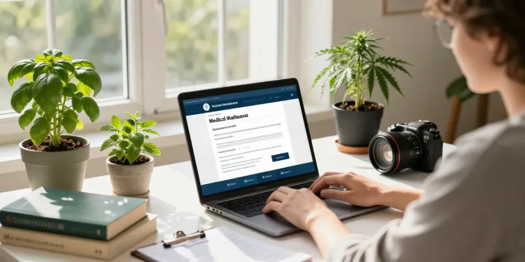 Applying to get medical marijuana card in a cozy home office with plants.