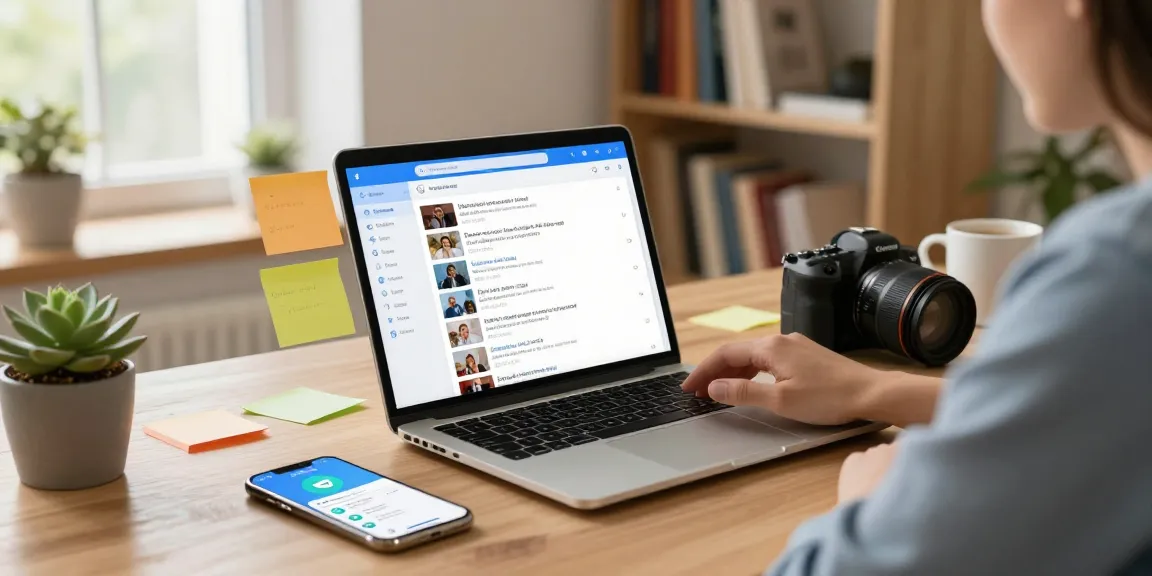 Engaging with Telegram Download on a laptop in a modern home office with vibrant chat screens and cozy decor.